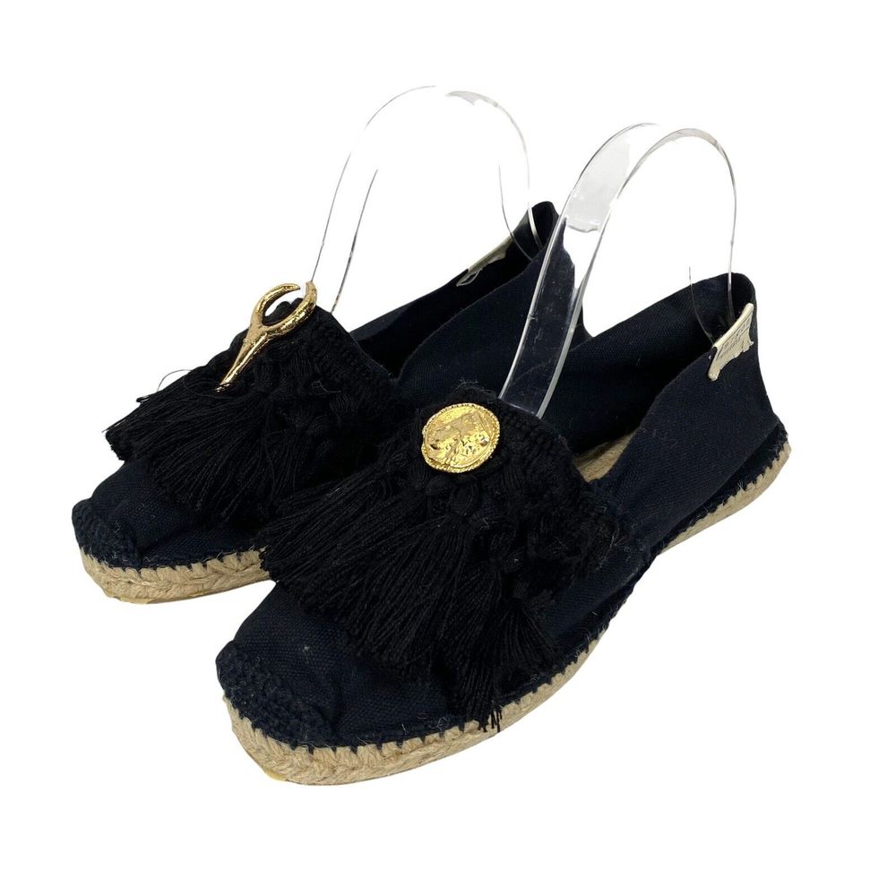 Ergon Mykonos Espadrille Shoe Womens 8 38 Black Gold Fringe Woven Art To Wear